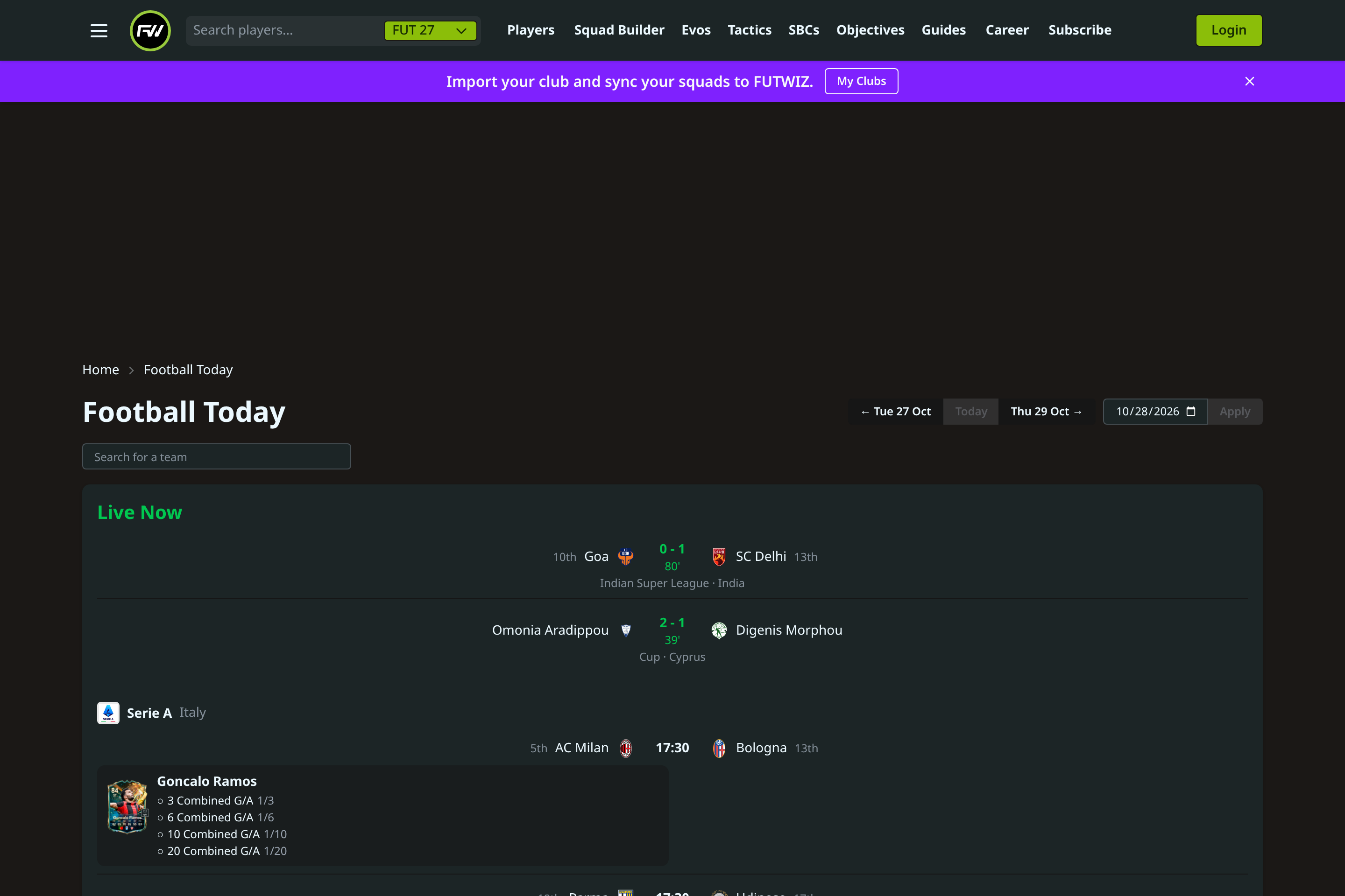 FUTWIZ Football Today (/irl) Matchday Hub showing Live Now fixtures and Serie A matches with FC 27 Destined for Glory upgrade checklists